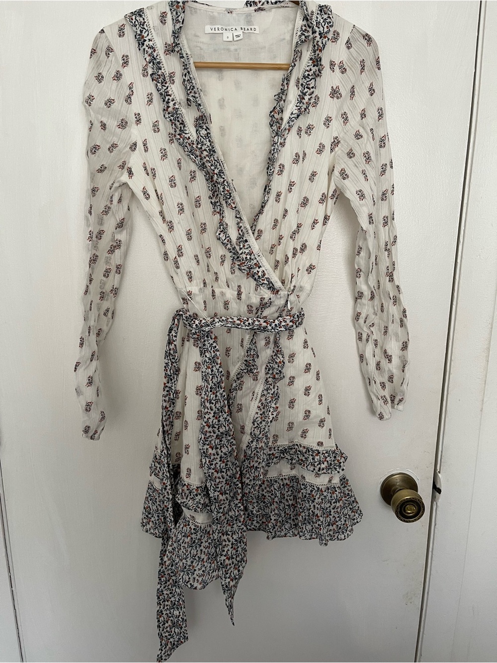 Veronica Beard Cream Mini Wrap Dress with Blue and Brown Floral Accents